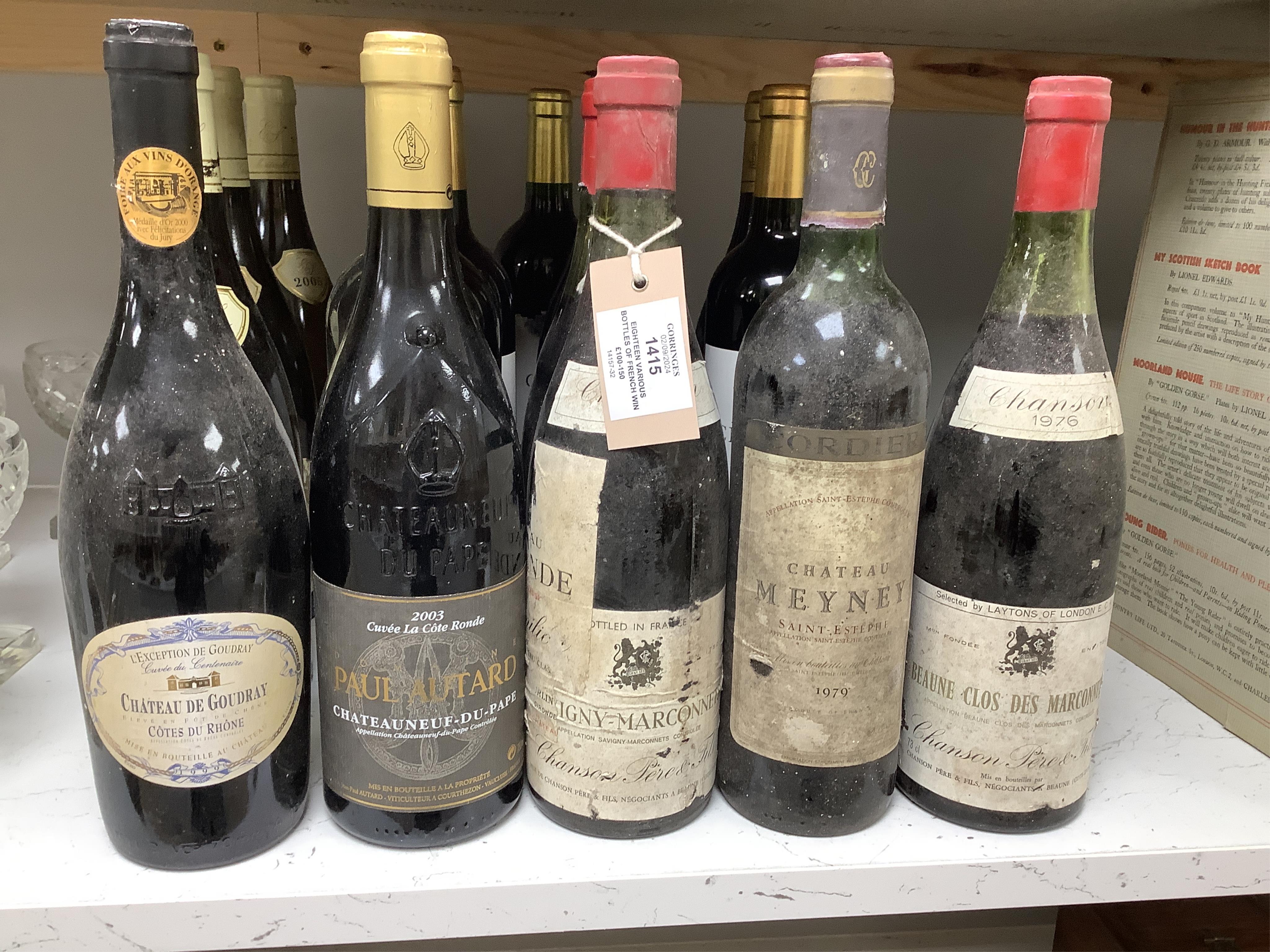 Eighteen various bottles of French wine to include Chateau Meyney Saint Estephe 1979, Paul Autard Chateauneuf-du-pape 2003 etc. Condition - externally poor to good, storage unknown